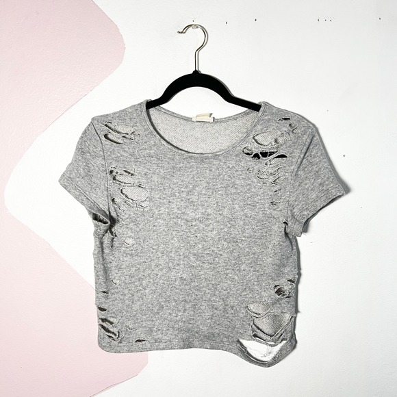 Wet Seal Tops - VTG Y2K Wet Seal Gray Distressed Crop Top Womens Small Ripped Grunge